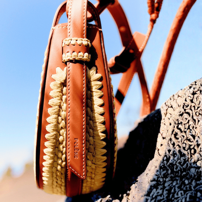 Raffia Woven Beach Bag with Genuine Leather Trim