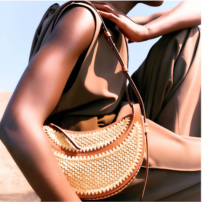 Raffia Woven Beach Bag with Genuine Leather Trim