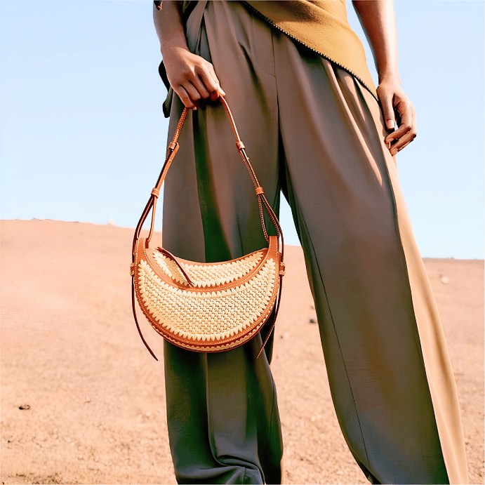 Raffia Woven Beach Bag with Genuine Leather Trim